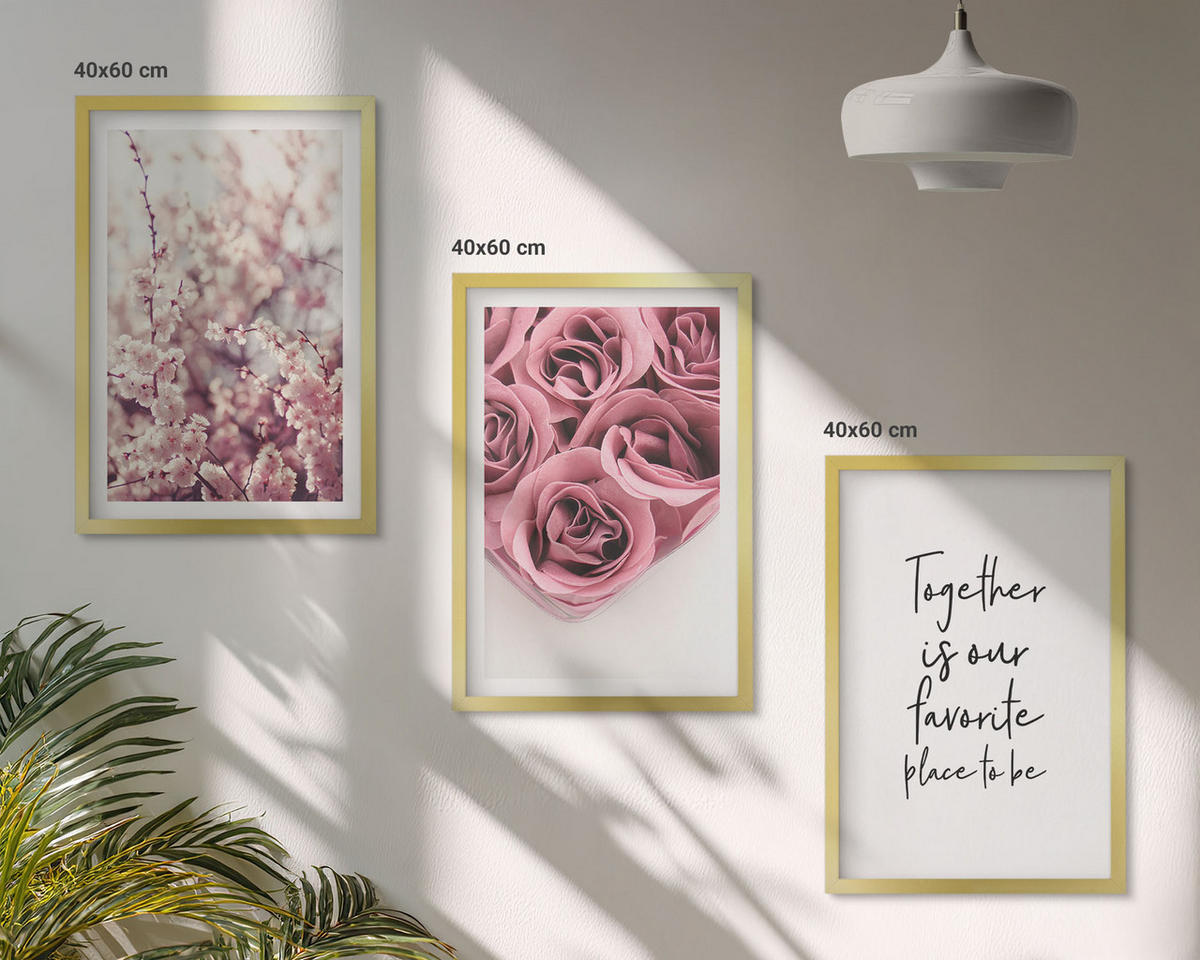 BILDER SET 3er Set - 40x60 cm Goldrahmen - Blumensträuße aus Rosen mit einer Inschrift - Goldfarben, Kunststoff (40/60cm) - TULUP