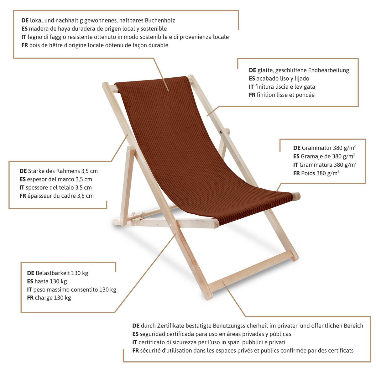 HOLZLIEGESTUHL klappbar Buchenholz Cord-Gewebe Indian tan M - Dunkelbraun, Holz/Textil (54/85cm) - Dreamroots