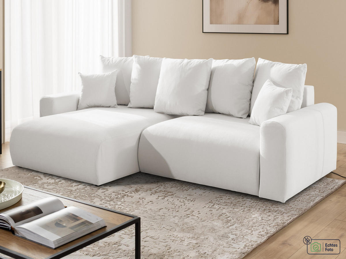 ECKSOFA Calma mit Schlaffunktion und Bettkasten im Bumpy-Design aus weichem Creme Webstoff - Ottomane links - Creme/Schwarz, Holz/Kunststoff (239/140cm) - S-Style