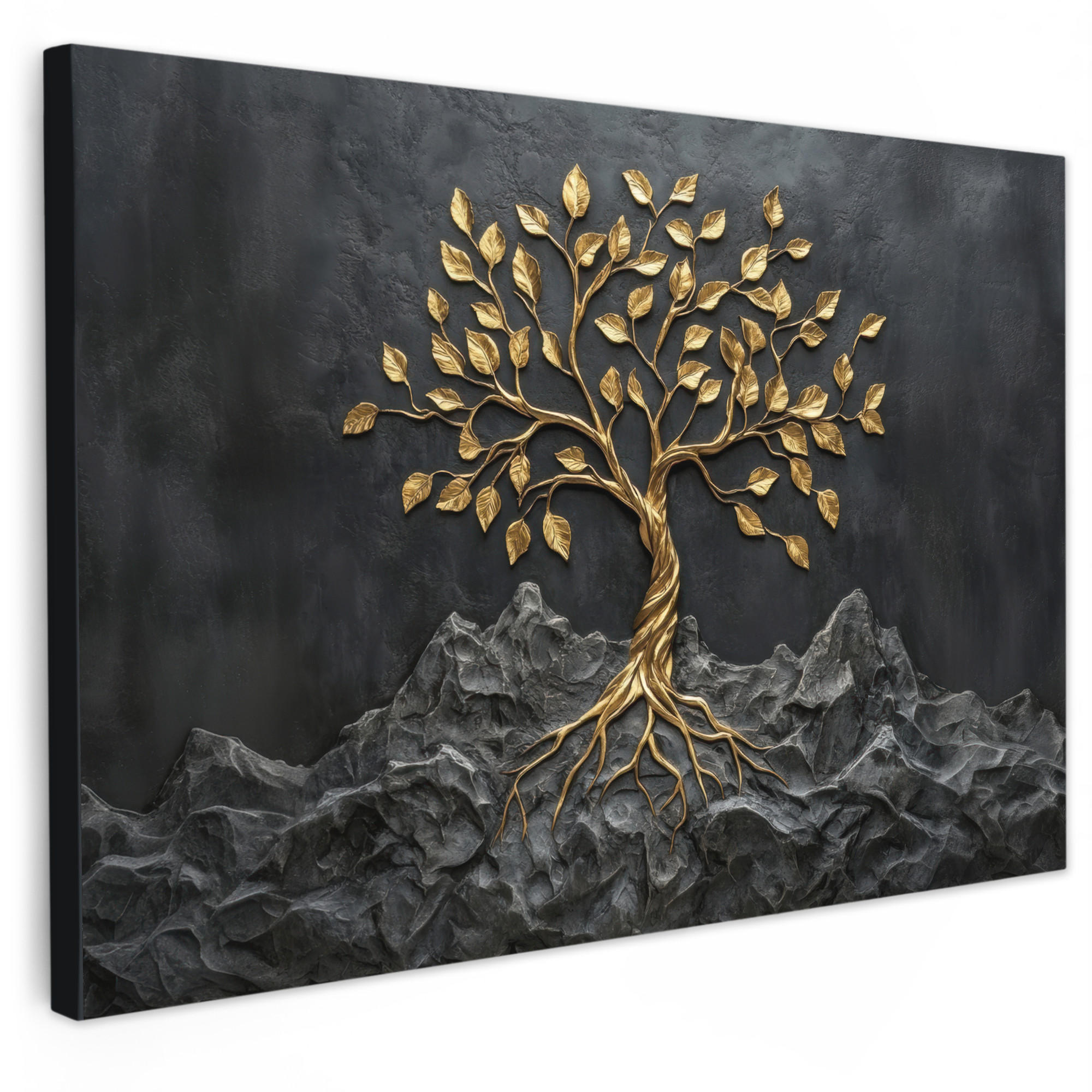 MuchoWow OBRAZ NA PLÁTNĚ Listy - Zlato - Strom - Skála 30x20 cm