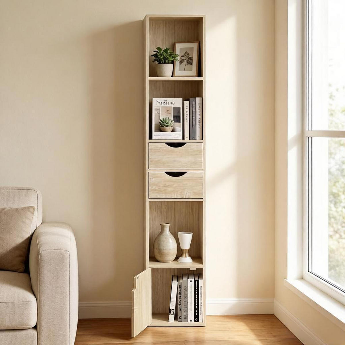 BÜCHERSCHRANK Eichefarben 2 Schubladen 1 Tür 30/24/157,5 cm - Hellbraun, Holzwerkstoff (24/157.5/30cm) - PANGIVO