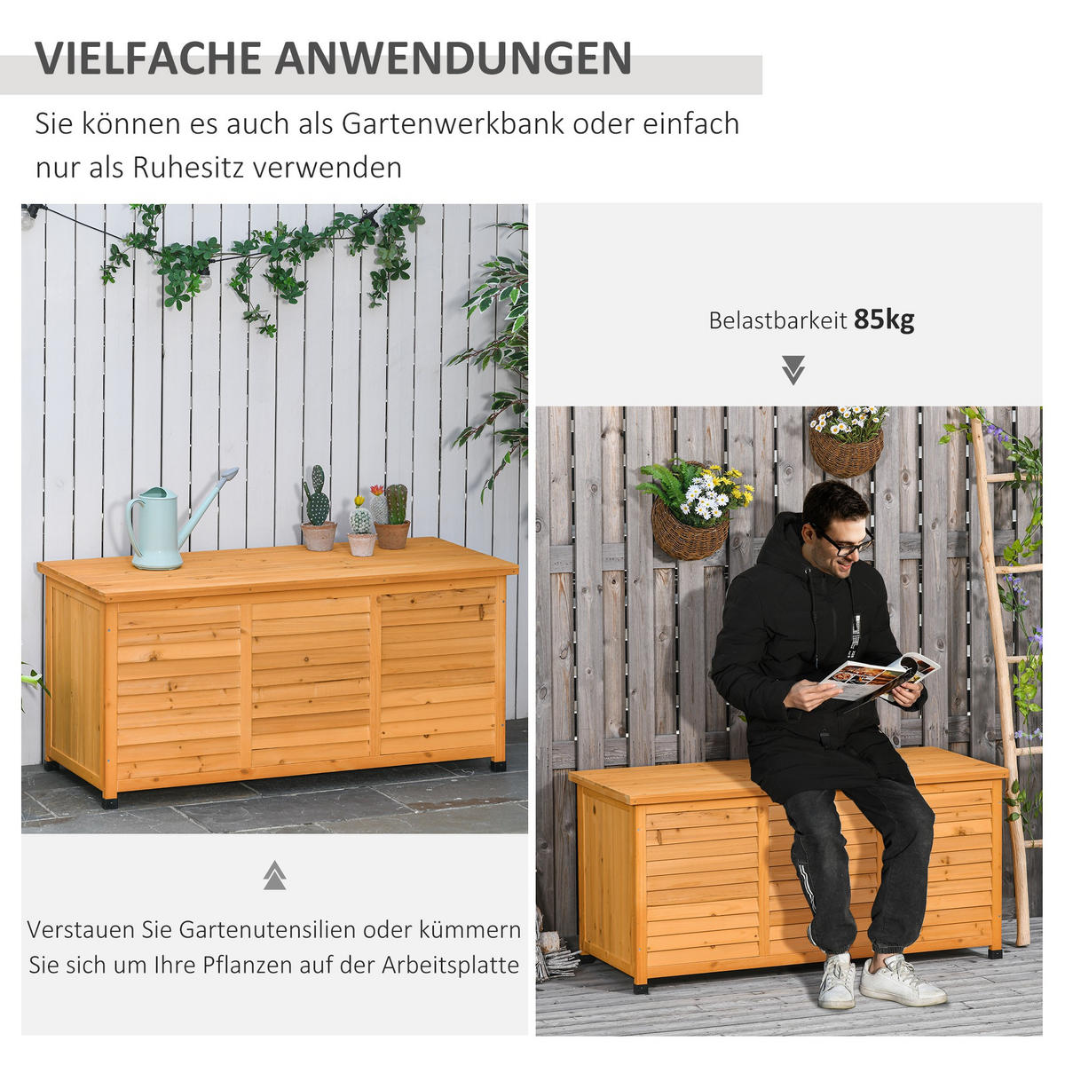 GARTENBOX, Kissenbox, Aufbewahrungsbox, wetterbeständig, Massivholz, Gelb - Gelb, Holz (56/60/127cm) - Outsunny