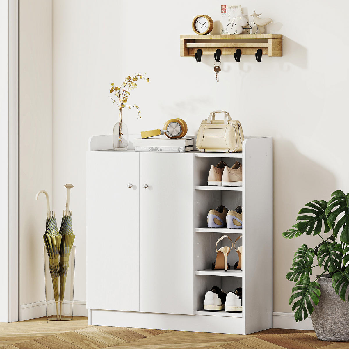SCHUHSCHRANK Weiß Holzwerkstoff mit Türen und Fächern 1 Stück - Weiß, Holz (83/90/30cm) - PANGIVO