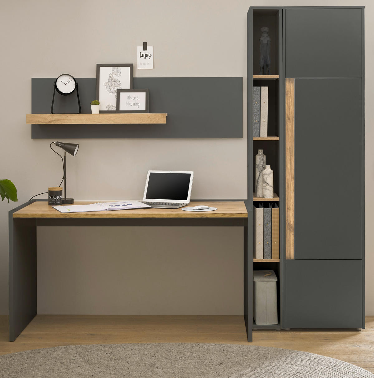 SCHREIBTISCHKOMBINATION 3-teilig grau matt, Eiche Wotan, Büromöbel Set mit viel Stauraum und 5 Ordnerhöhen - Eiche Wotan/Schwarz, Holzwerkstoff (62/213/200cm) - Furn.Design