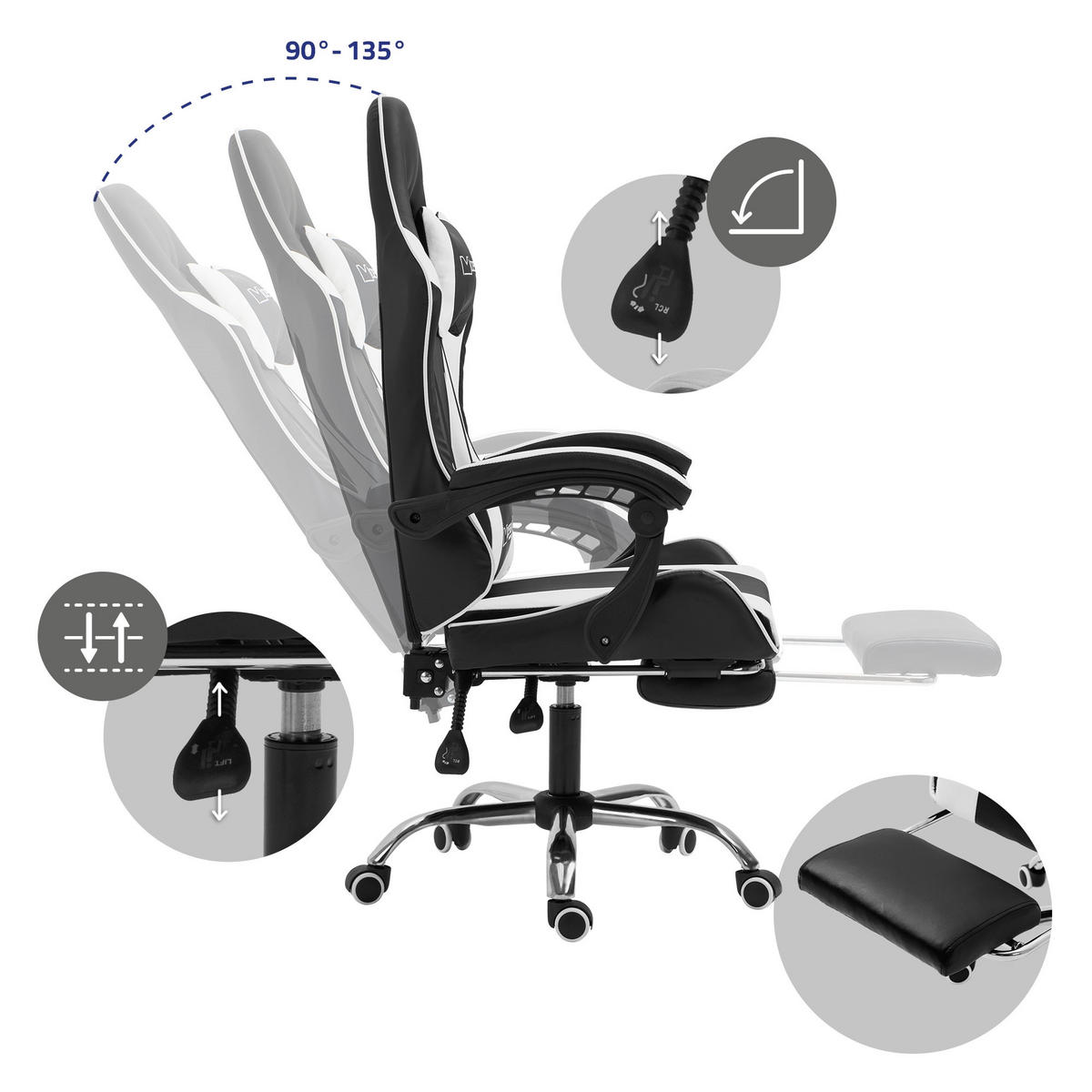GAMING-STUHL schwarz weiß - Weiß, Metall (62/128/62cm) - ML-DESIGN