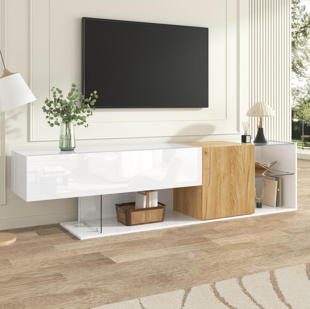 TV-KOMMODE in Hochglanz Weiß mit Holzoptik und Glasregalen 180/38/48 cm - Weiß, Holzwerkstoff (180/48/38cm) - Redom