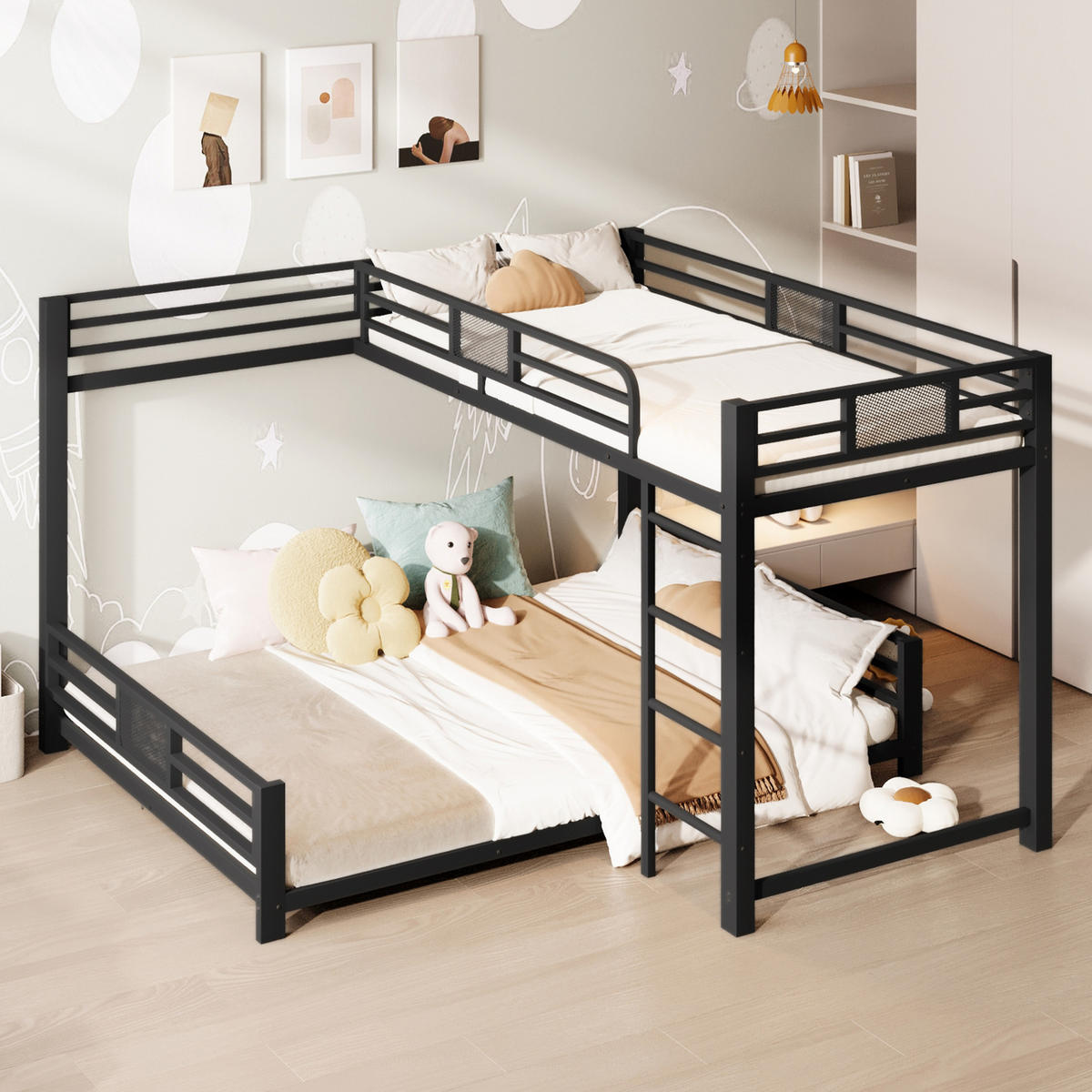 ETAGENBETT aus Metall 90x200/140x200 cm Schwarz in L-Form mit Schutzgittern und platzsparendem Design - Schwarz, Metall (140/200cm) - Modfu