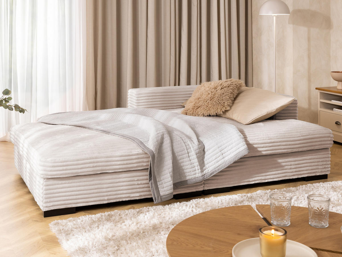 ECKSOFA Wolke mit tiefer Sitzfläche, Schlaffunktion und praktischem Bettkasten aus weichem Hellbeige Cordstoff - Beige/Schwarz, Holz/Kunststoff (225/162cm) - S-Style