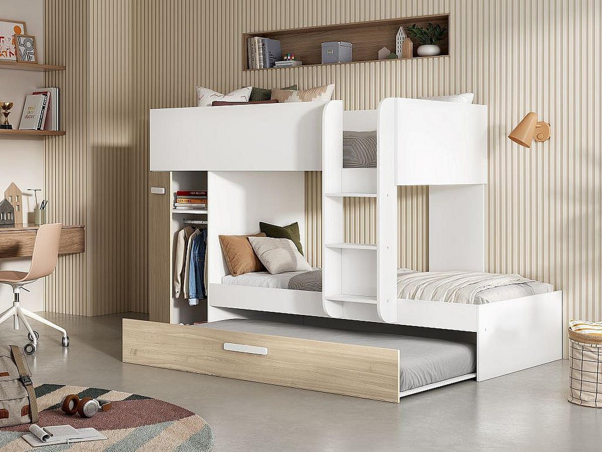 ETAGENBETT Ausziehbett mit Stauraum - 3x 90 x 190 cm - Weiß & Naturfarben - ANTHONY - Naturfarben, Holz (97/243cm) - Vente-Unique