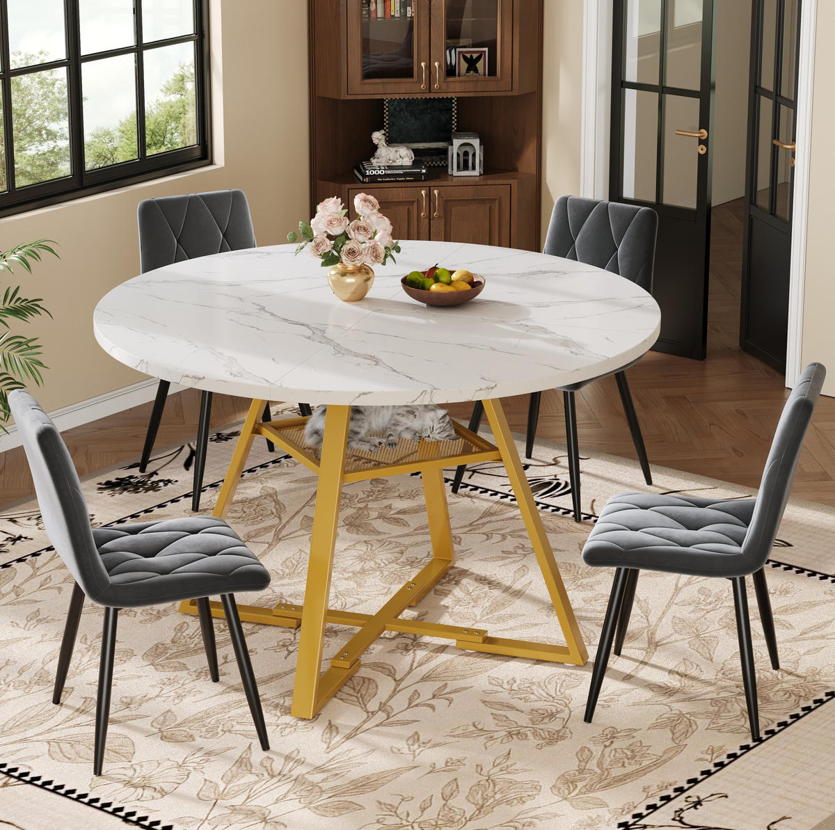 RUNDER Esstisch, MDF in Marmoroptik mit Metallgestell & Ablageregal, Ø 120/75 cm, Weiß - Weiß, Holzwerkstoff (120/120/75cm) - Redom