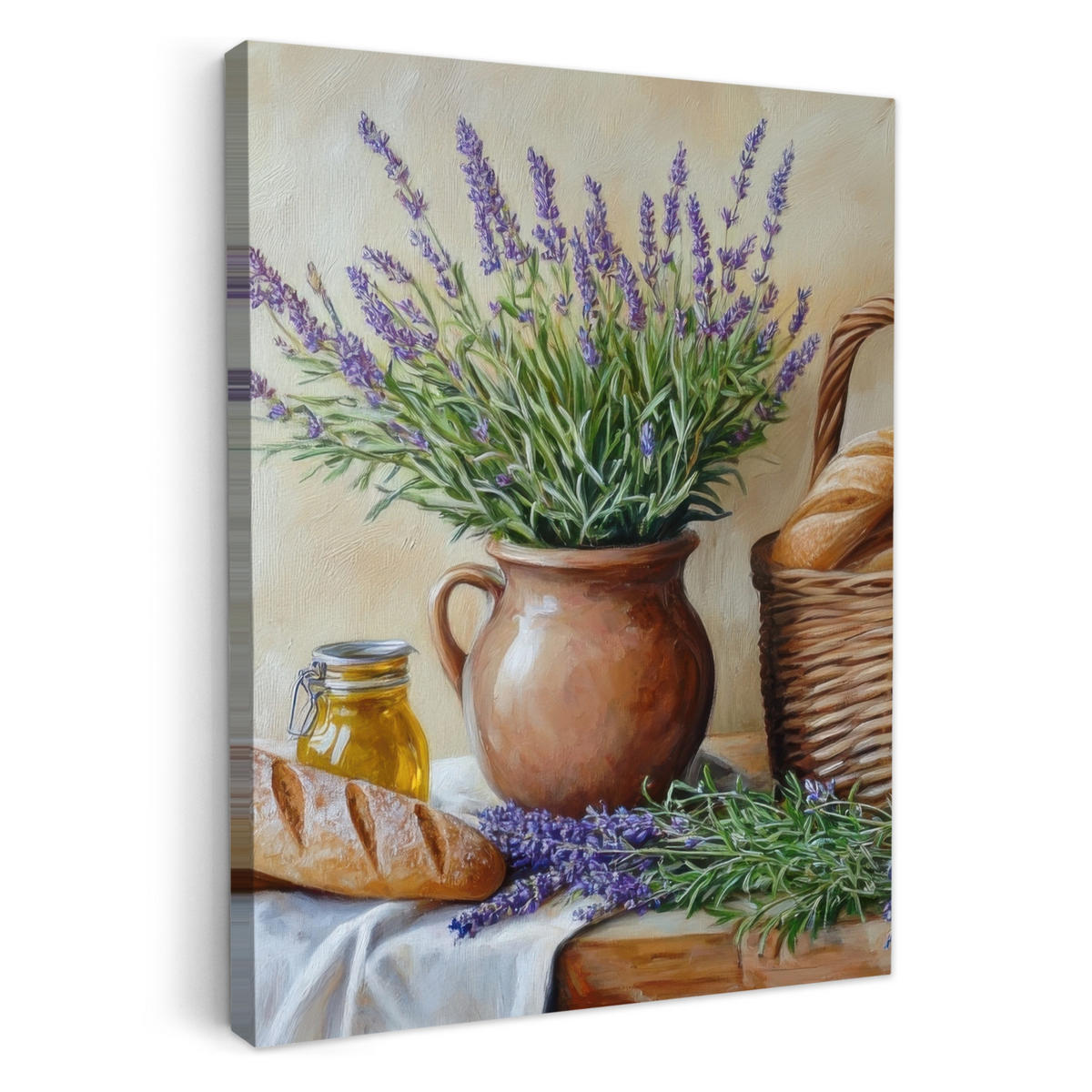 LEINWANDBILD Lavendel - Brot - Stilleben 60x80 cm - Flieder, Textil (60/80cm) - MuchoWow