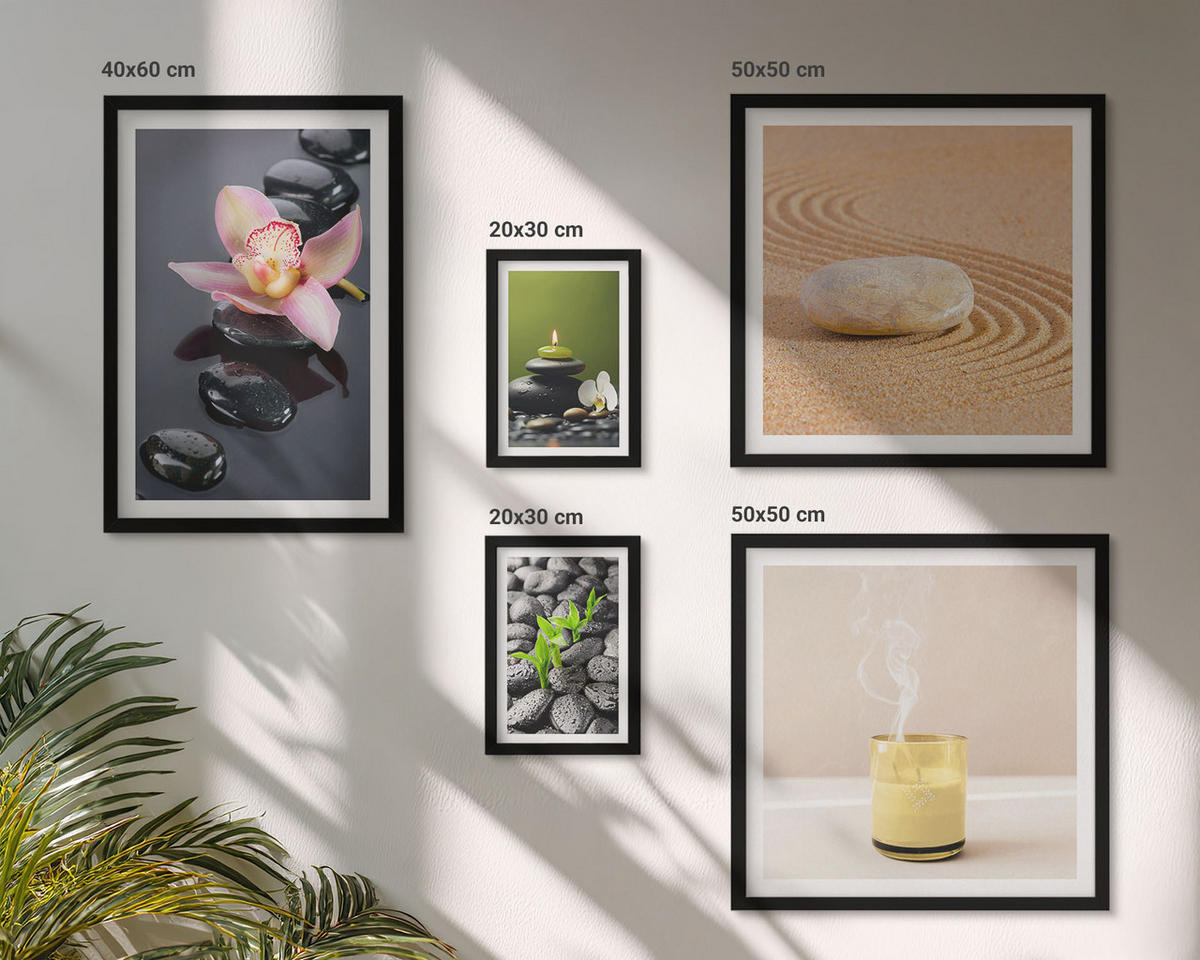 BILDER SET 5er Set - 50x50 cm & 20x30 cm & 40x60 cm Schwarzer Rahmen - Der Frieden der Natur mit Buddha - Schwarz, Kunststoff (40/60cm) - TULUP