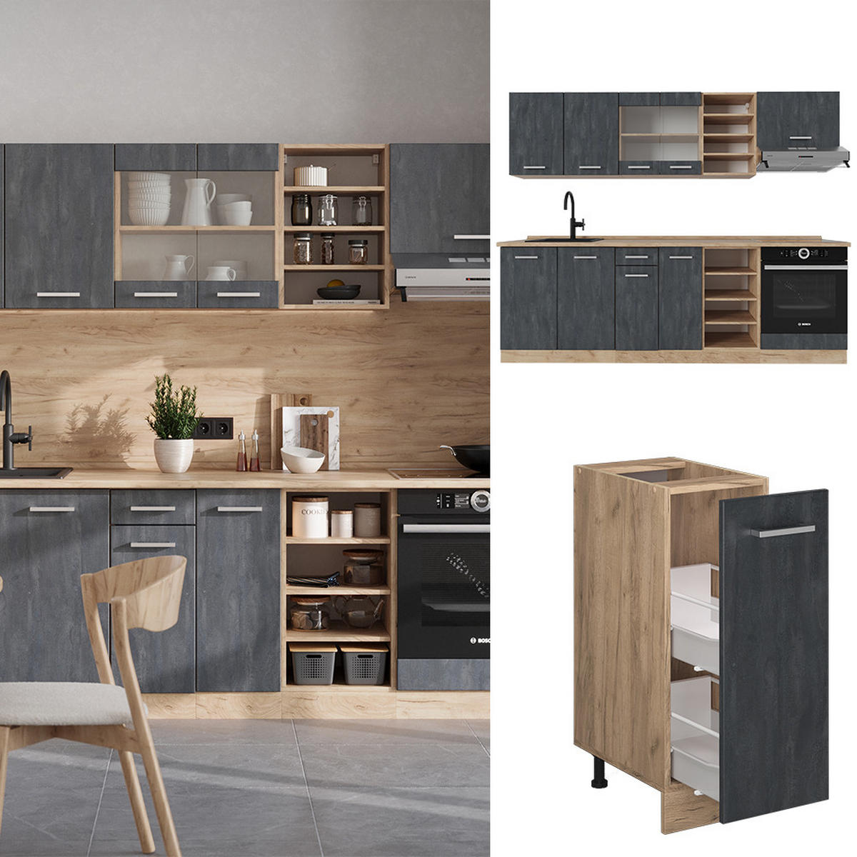 KÜCHENZEILE R-Line Schwarz Beton/Goldkraft Eiche 240 cm AP Marmor - Eiche Wotan/Schwarz, Holzwerkstoff (240/81.6/60cm) - Vicco