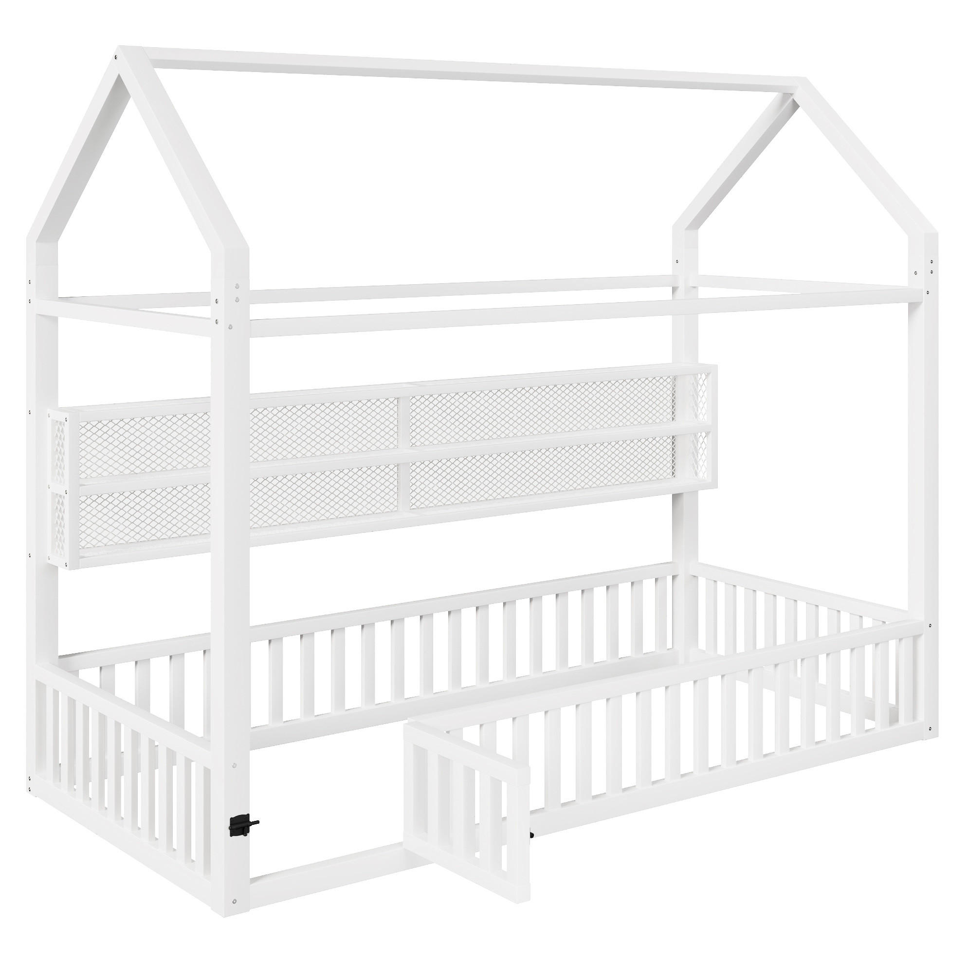 KINDERBETT Hausbett 90/200 cm aus Metall in Weiß mit Sicherheitszaun und LED - Weiß, Metall (90/200cm) - BEAOK