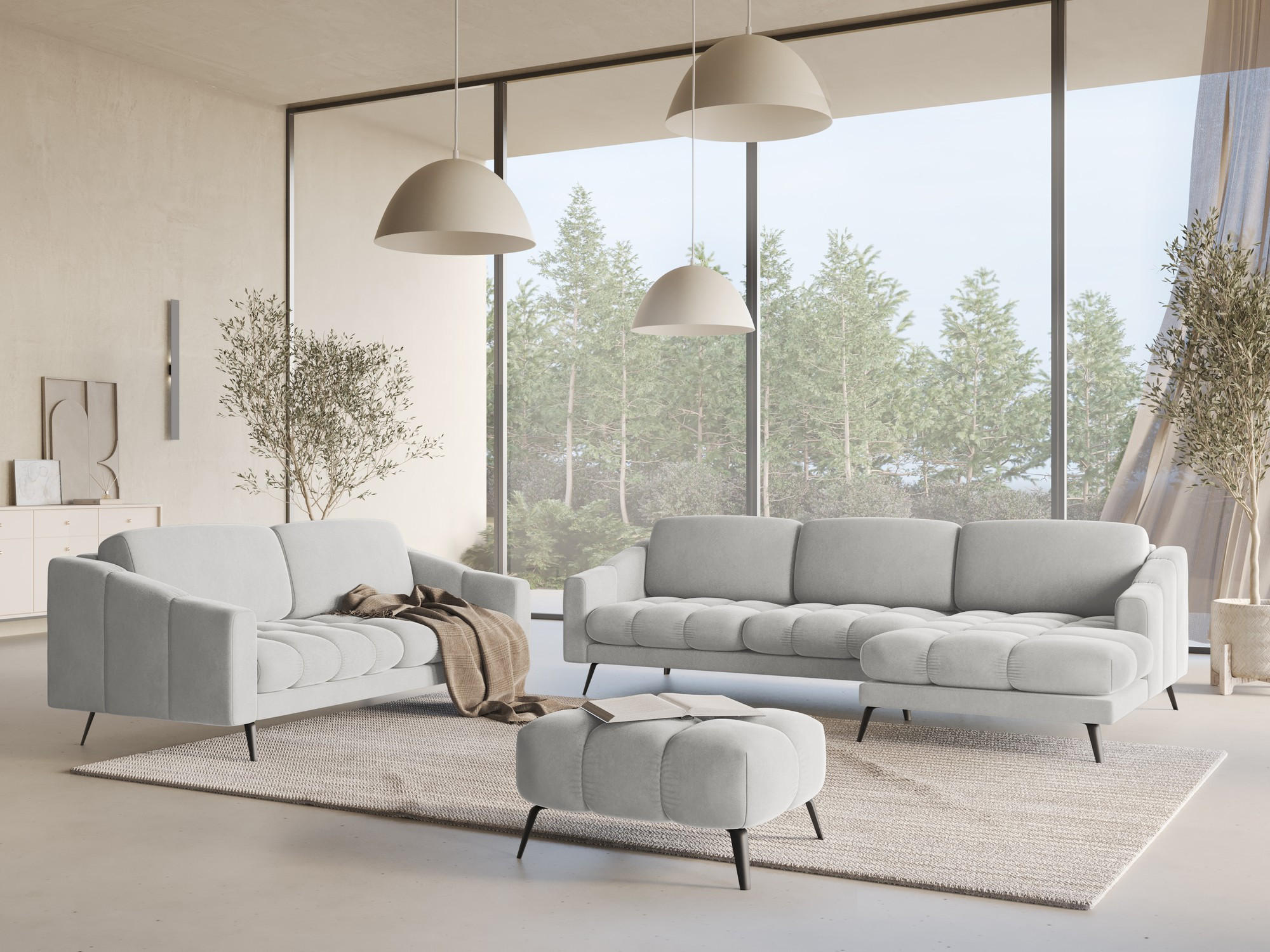 ECKSOFA Rechts Samt Stoff Grau - Silberfarben/Schwarz, Textil/Metall (264/160cm) - Makamii