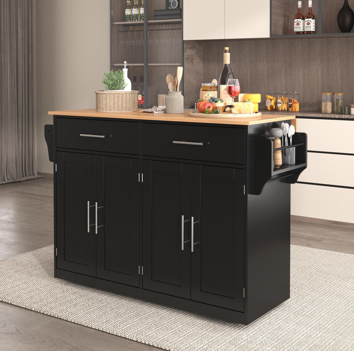KÜCHENINSEL 120/91,5/46 cm Schwarz/Natur aus MDF mit klappbarer Tischplatte - Schwarz, Holzwerkstoff (71/91.5/120cm) - OKMYHOME