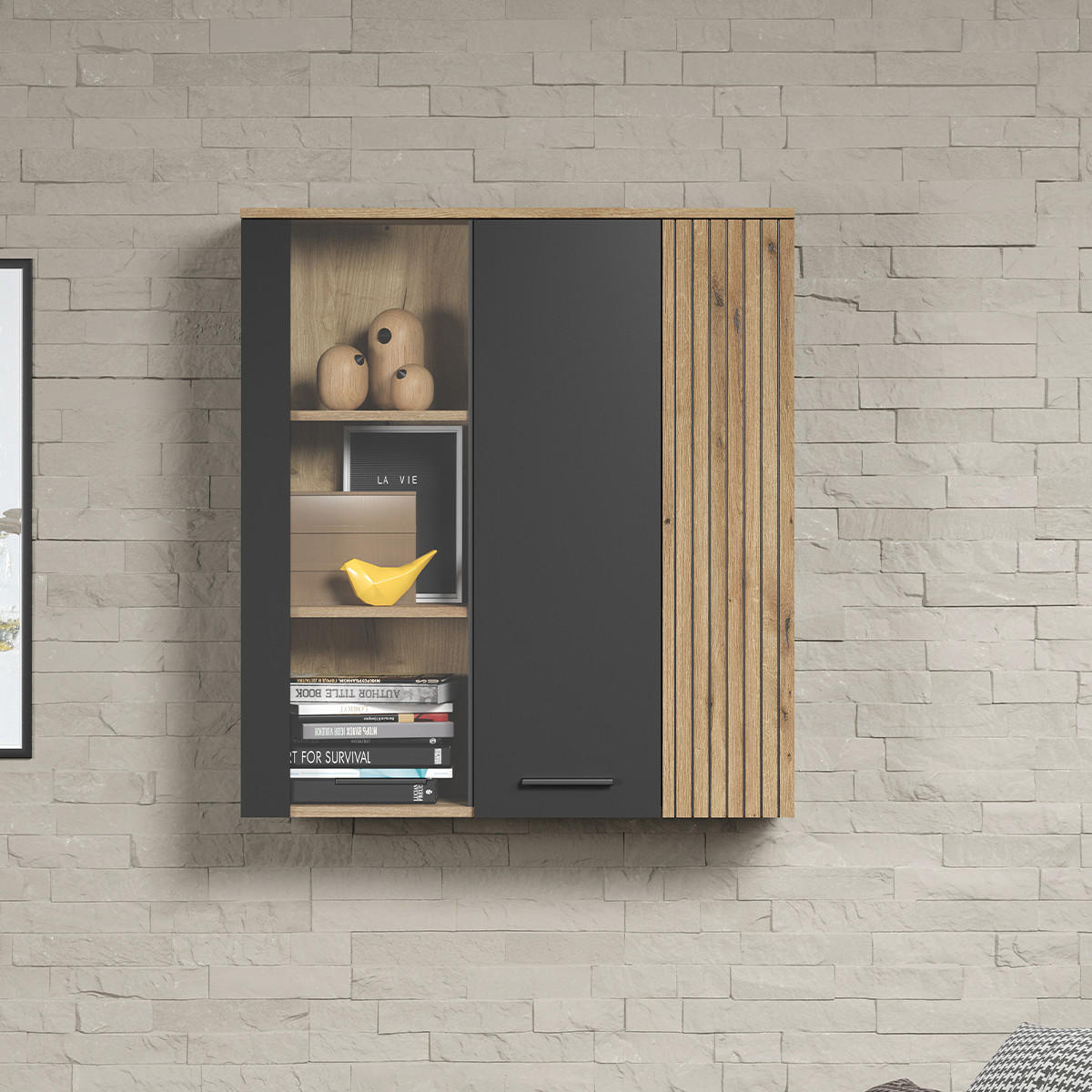 Hängeschrank mit Glastür, 2 Türen davon eine mit gehärtetem Glas L90 cm – Esteban - Anthrazit, Holzwerkstoff (90/99/34cm) - Trendteam