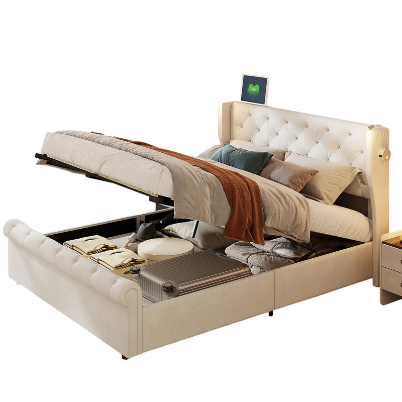 POLSTERBETT 140/190 cm beige mit Stauraum und LED - Beige, Holz
