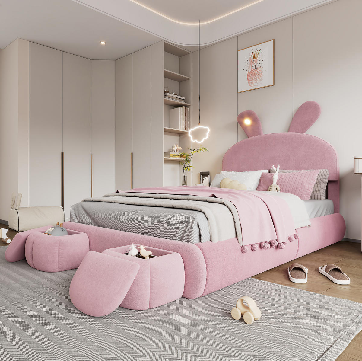 POLSTERBETT mit Stauraum 140x200 cm Samt Pink 2 Hocker - Pink, Metall (140/200cm) - Meubliv