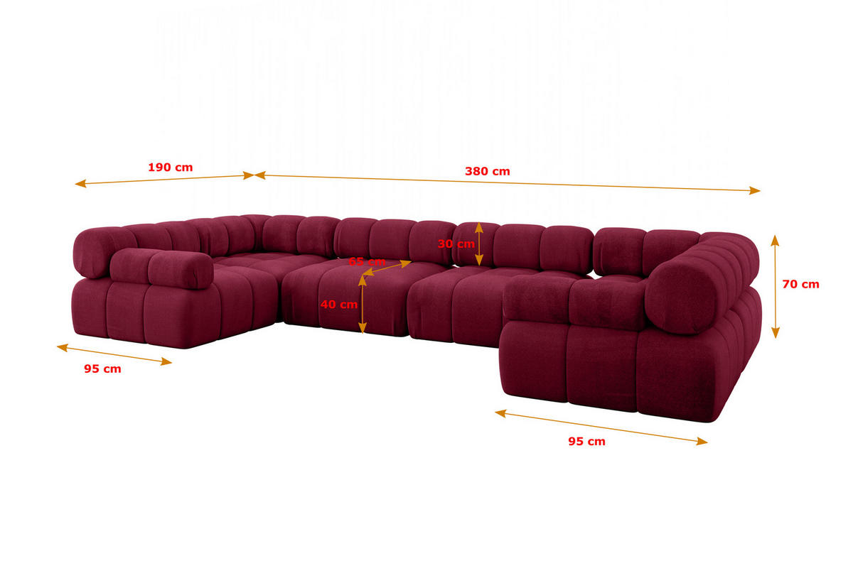 WOHNLANDSCHAFT modulares Sofa Birno-U2 - 380x190x70 cm Bordeauxrot Velours - Bordeaux, Holzwerkstoff/Textil (380/70/190cm) - ALTDECOR