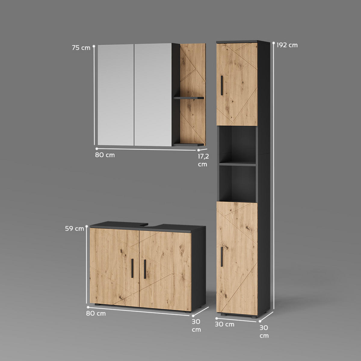 BADMÖBEL-SET Ronco, Anthrazit/Artisan-Eiche, 3-teilig - Anthrazit/Eiche Artisan, Holzwerkstoff (80/59/30cm) - Livinity®