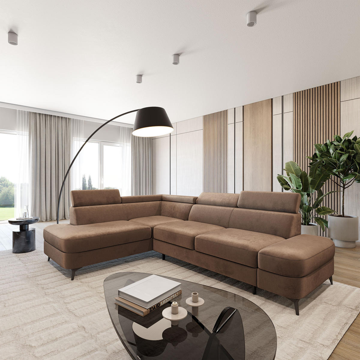 ECKSOFA AVISE M L-S Beige Velours-Stoff mit Schlaffunktion - Beige, Holzwerkstoff/Textil (268/195cm) - MASSENO