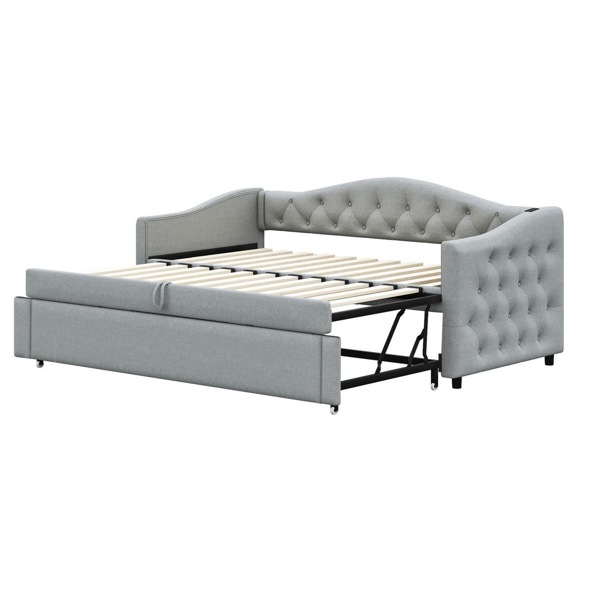 POLSTERBETT 90/200 cm Grau mit USB-Anschluss und Leinenbezug - Grau, Textil (90/200cm) - Flora Grace