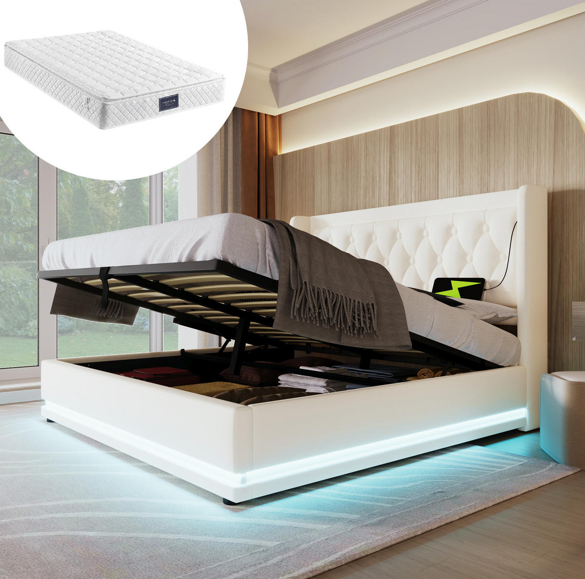 BETT mit Stauraum 160x200 cm PU Weiß mit Matratze - Weiß, Metall (160/200cm) - Meubliv