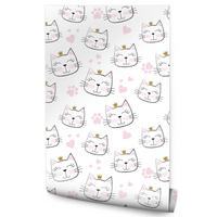 VLIESTAPETE Katzen mit Kronen und Herzen – Rosa, Grau, Weiß – 50x1000 cm - Rosa/Weiß, Papier (50/1000cm) - Muralo