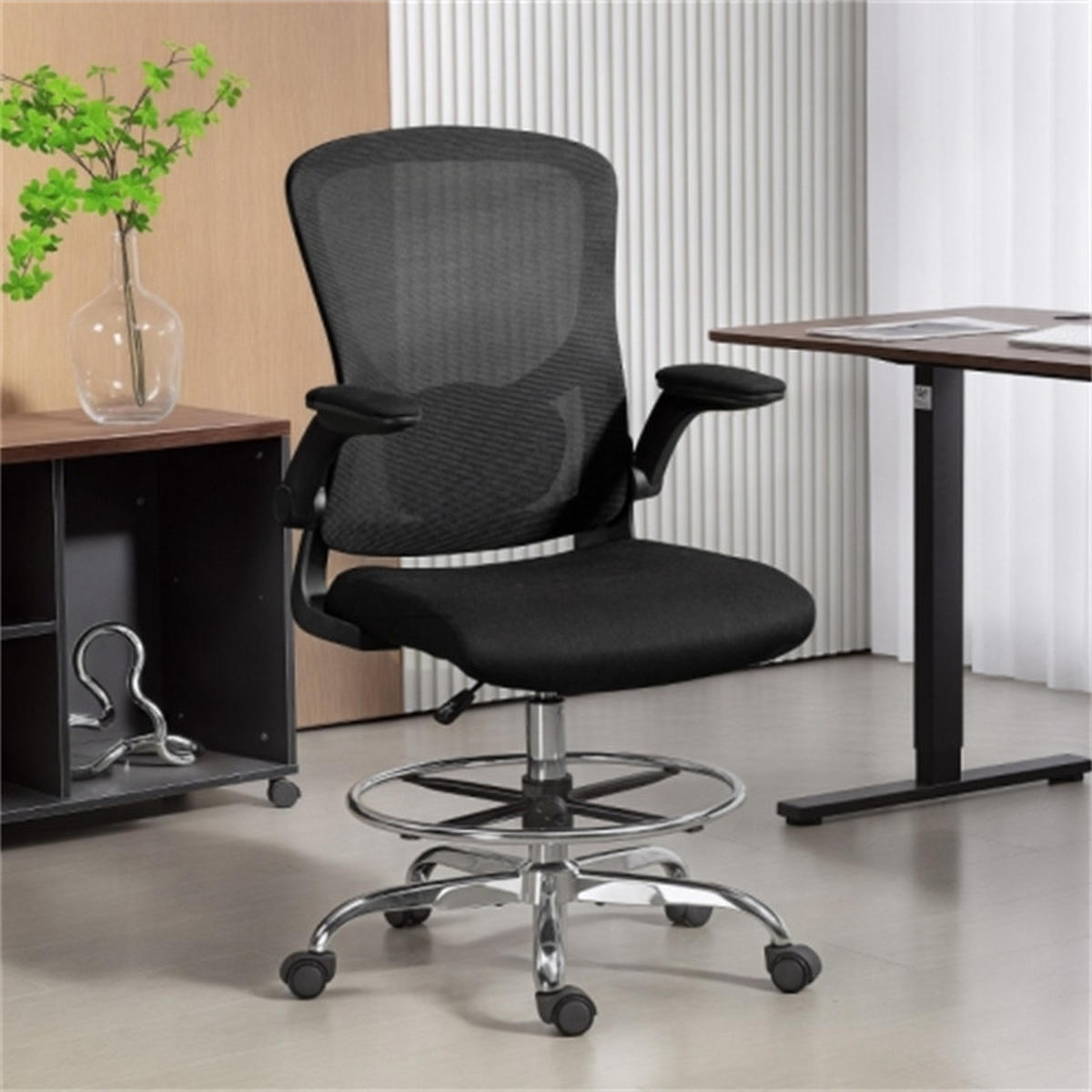 DREHSTUHL Ergonomisch Schwarz, höhenverstellbar & drehbar, Metall-Polyester-Bezug, 60 x 60 x 132 cm - Schwarz, Metall (60/132/60cm) - Albatros