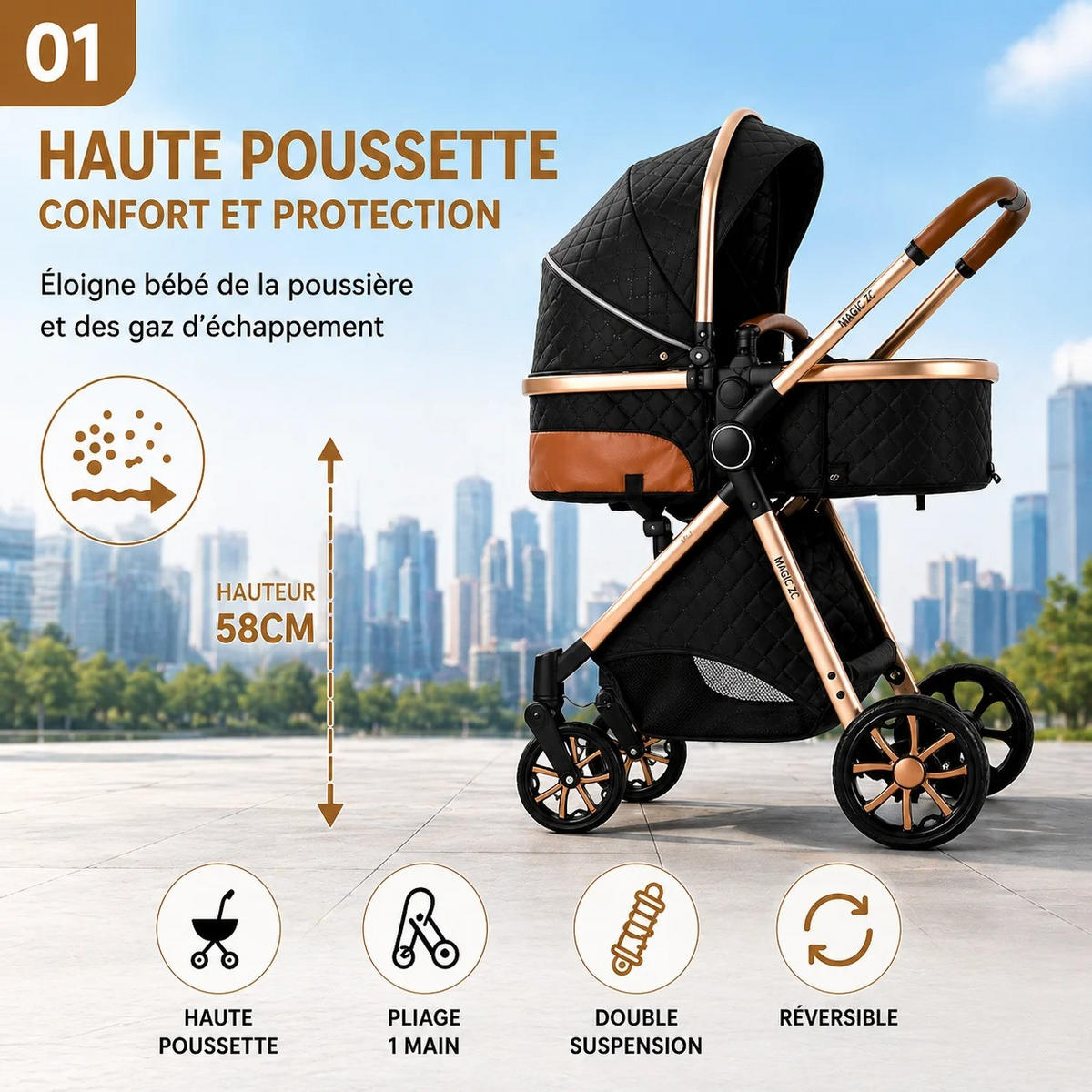 KINDERWAGENSET 3-in-1 mit Autositz, höhenverstellbarer Rückenlehne, wendbarem Sitz, Federung, Verdeck mit UV-Schutz für Babys, hellgrau - Hellgrau, Metall (80/60cm) - Kaket