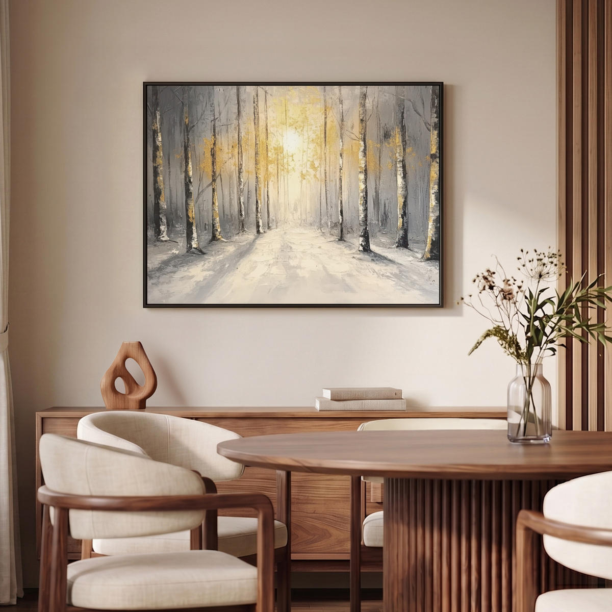 LEINWAND Bilder mit Rahmen - Winter - Abstrakt - Schnee - Natur - Sonne - 100x70 - Grau, Textil (100/70cm) - MuchoWow