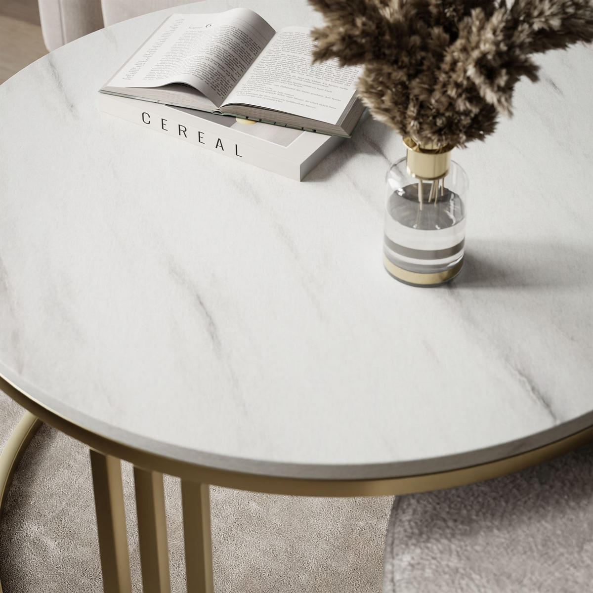 COUCHTISCH mit Hocker LORI MAT gebürstetes Gold/Marmor Levanto/Perfect Harmony 82 - Weiß, Metall (70/70/49cm) - Lookway