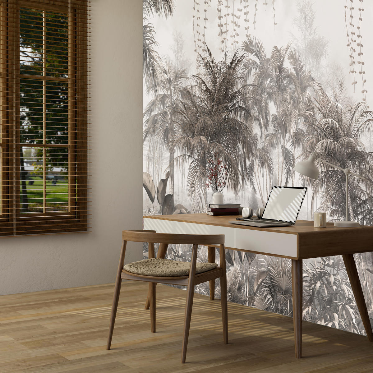 FOTOTAPETE für Büro Vintage Tropisch Dschungel Palmen Blätter 250x175 - Beige/Braun, Papier (250/175cm) - Muralo