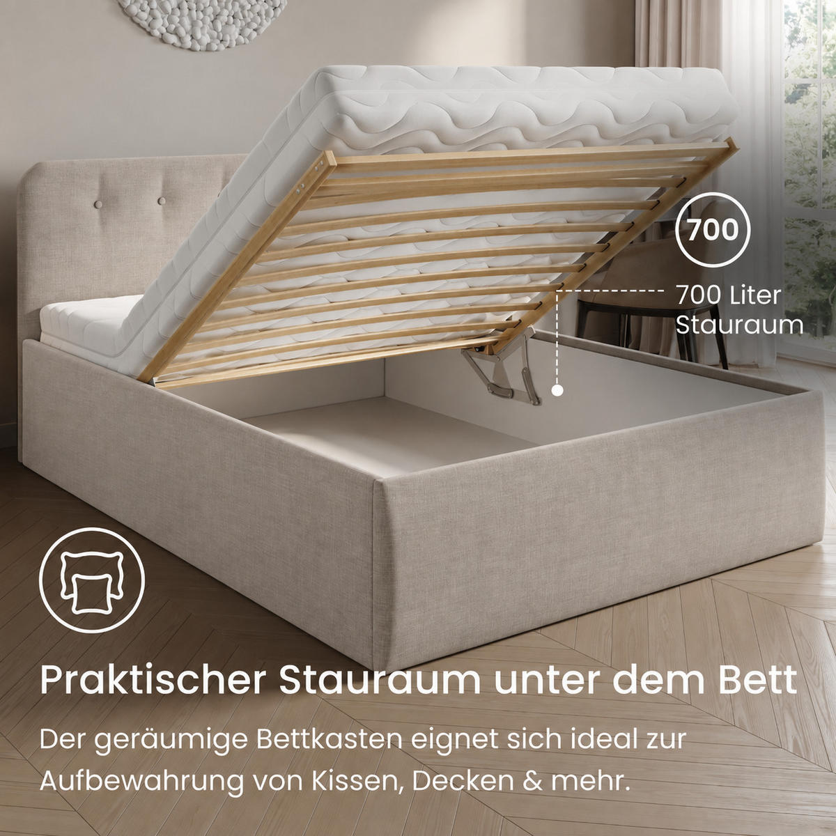 POLSTERBETT mit verstellbarem Lattenrost & Bettkasten, Kaltschaummatratze, 140 x 200 cm in Creme - Creme, Holzwerkstoff/Textil (140/200cm) - Home Collective