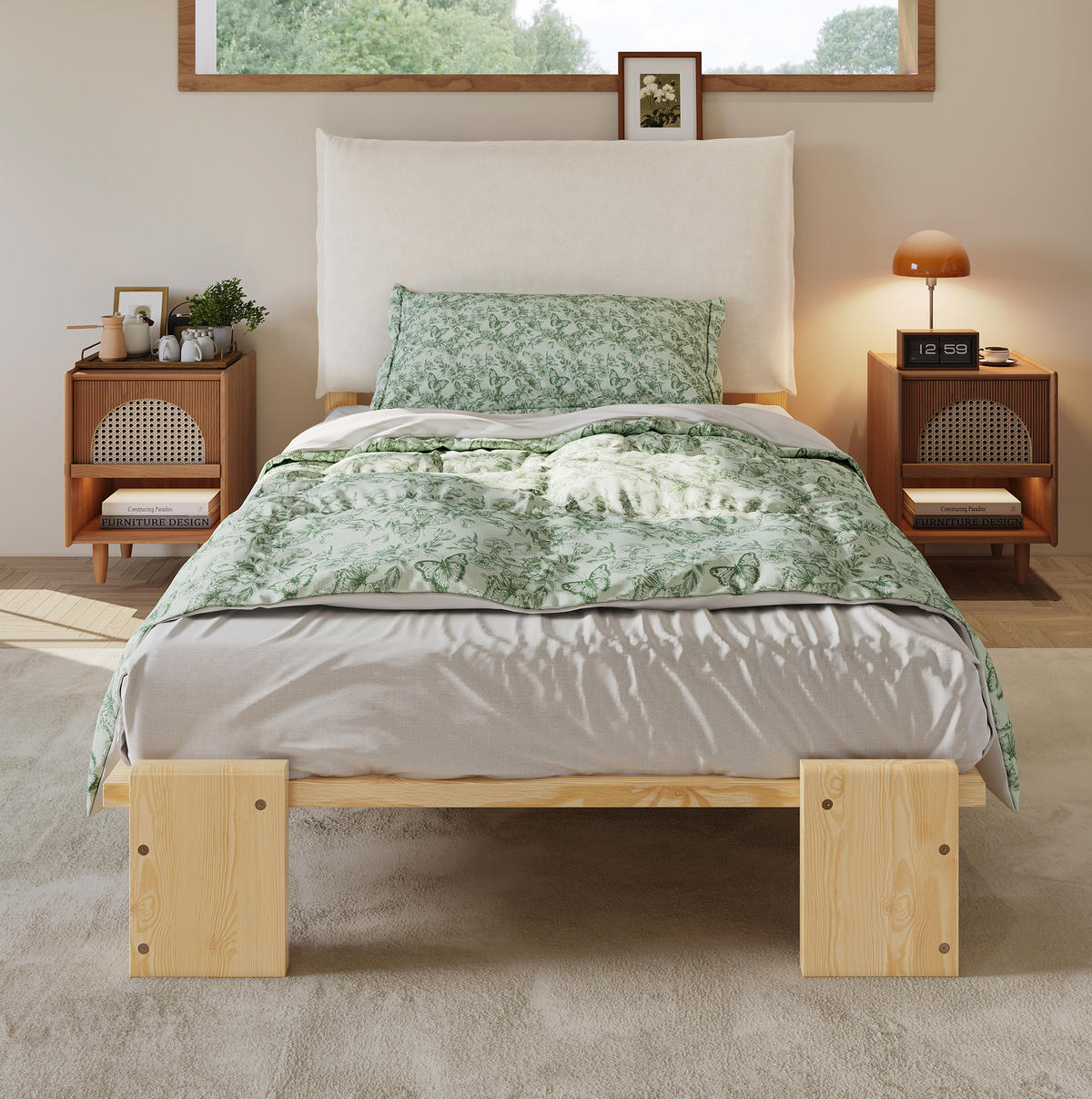 TAPECIRANI krevet 90/200 cm prirodne boje od drva i tkanine s tapeciranim uzglavljem - prirodne boje, tekstil (90/200cm) - OKWISH