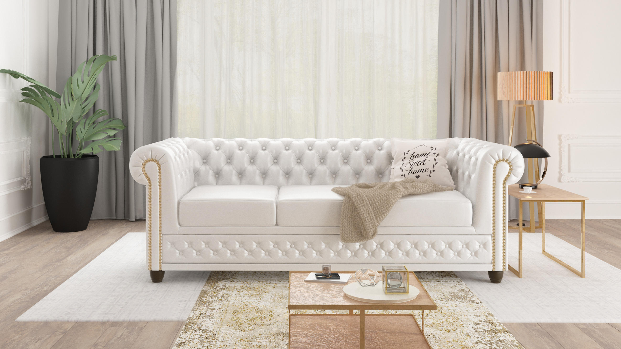 CHESTERFIELD-SOFA 3-sitzer Morin Weiß vegan Leder - Weiß/Braun, Holz/Textil (203/72/86cm) - S-Style Möbel