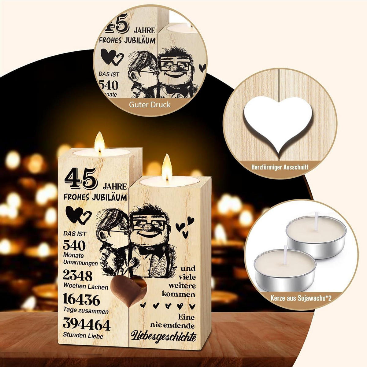 KERZENSTÄNDER Holz 45. Hochzeitstag Geschenk - Braun, Holz (4.5/12/9cm)