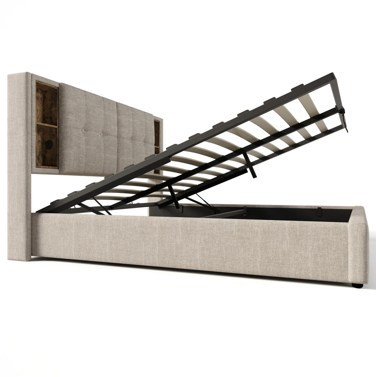 POLSTERBETT 140/200 cm mit kabellosem Laden, USB-C, Matratze, Bettkasten und Leinenbezug, Natürlich - Naturfarben, Textil (140/200cm) - Redom