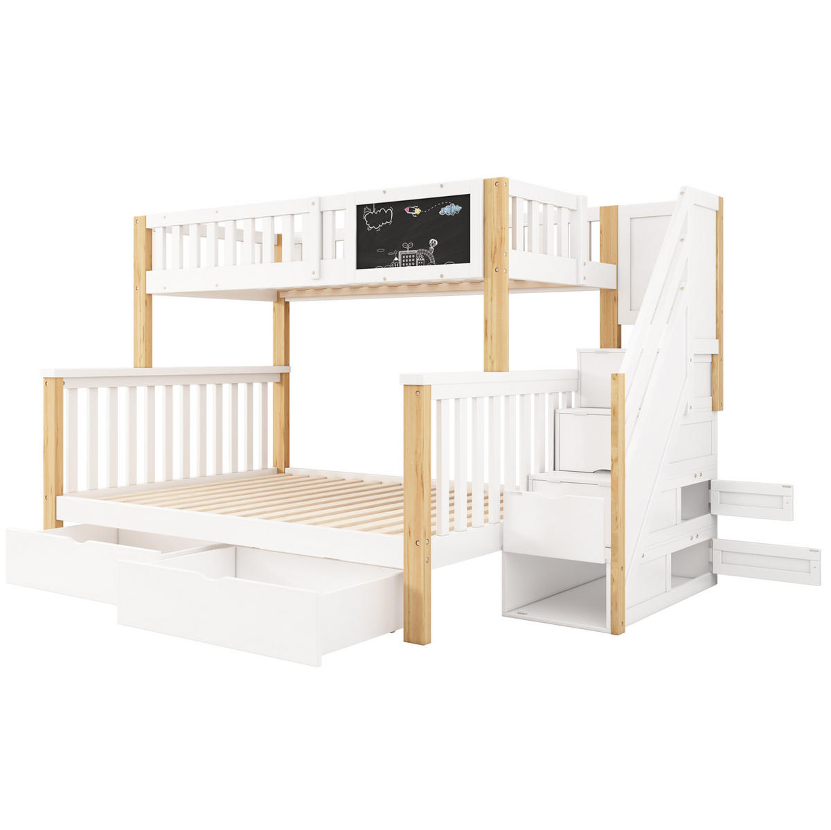 ETAGENBETT 90/200 &140/200 cm mit Tafel, Treppe und Schubladen, viel Stauraum, Weiß/Helle Eiche - Weiß, Holz (90/200cm) - Redom
