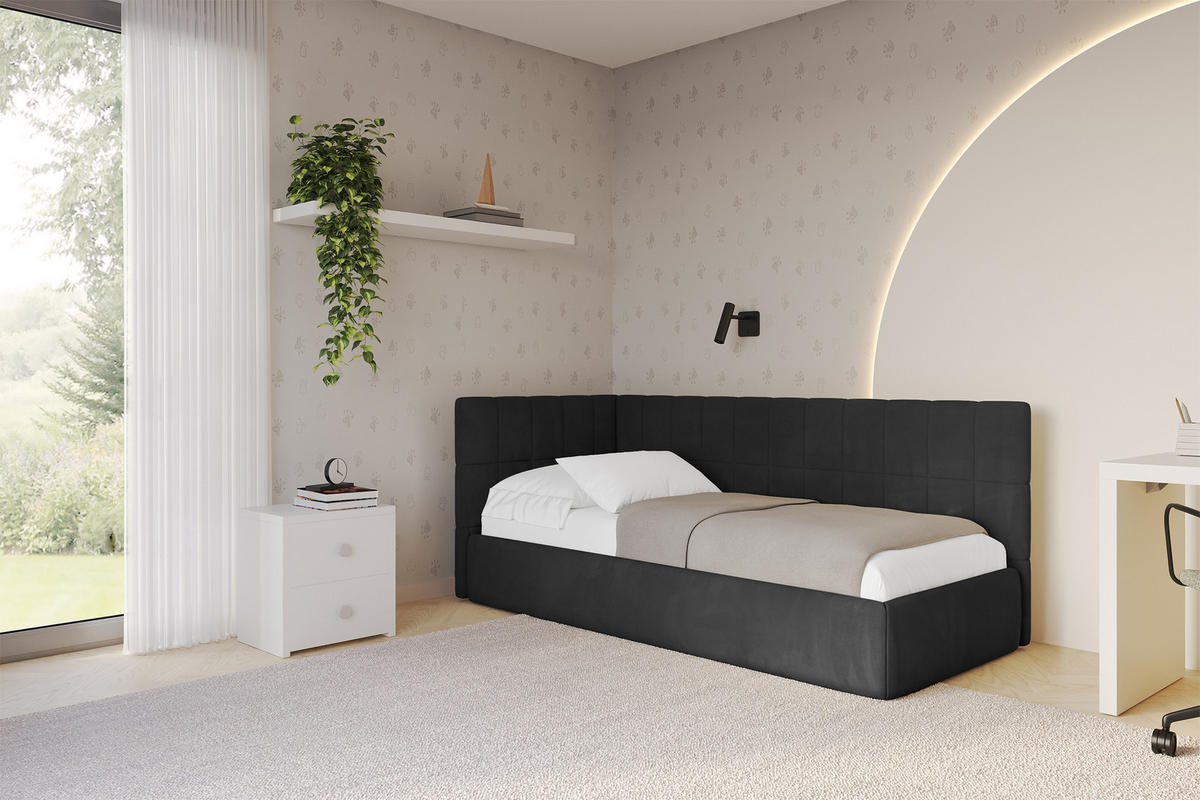 EINZELLBETT Jugendbett mit Bettkasten, Rechts - TULY 100x200 Schwarz - Anthrazit, Holzwerkstoff/Textil (100/200cm) - ALTDECOR