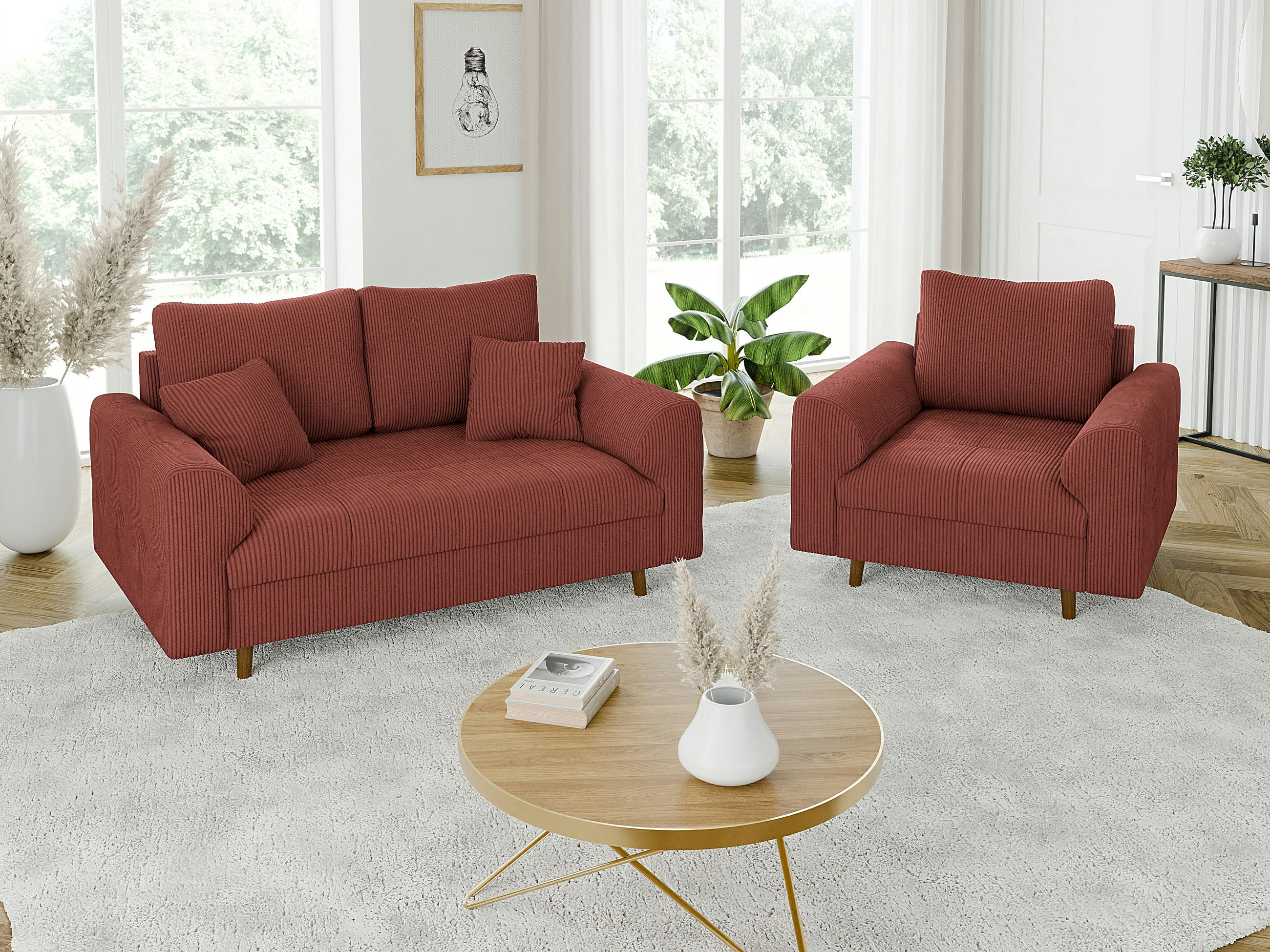 SITZGARNITUR 2+1 Alma Terrakotta Cord - Terra cotta/Braun, Holz/Textil (150/81/93cm) - S-Style Möbel