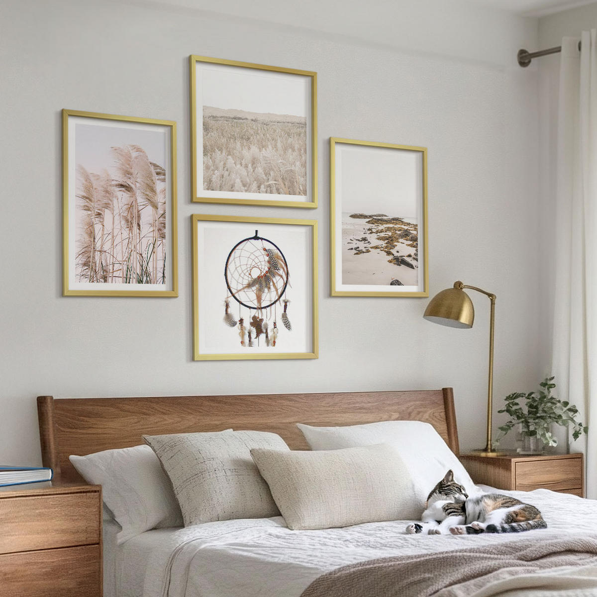 WANDBILDER 4er Set - 50x50 cm & 40x60 cm Goldrahmen - Wiesen, Strand, Boho-Stil - Goldfarben, Kunststoff (50/50cm) - ArtPrintCave