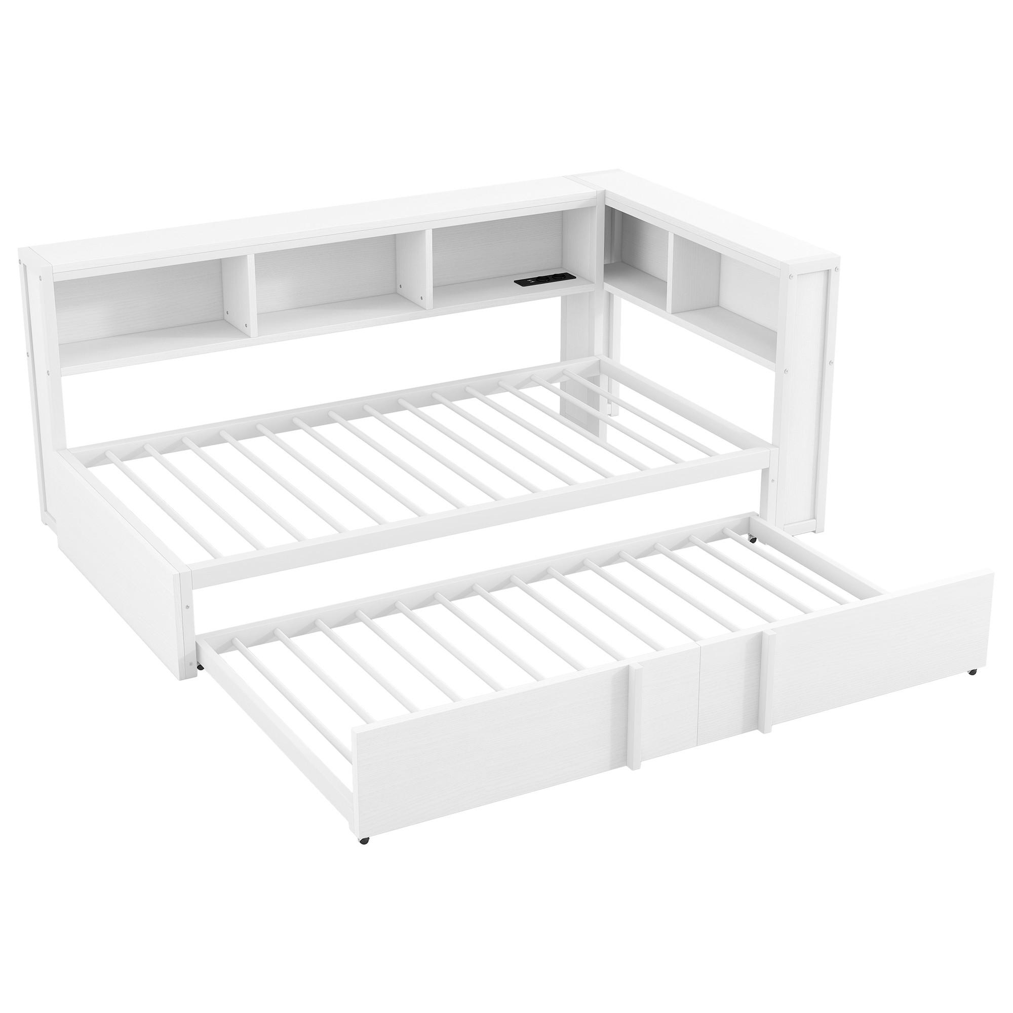 AUSZIEHBETT 90/200 cm DE-03418, mit Stauschränken, LED und USB, in Weiß - Weiß, Holzwerkstoff/Metall (90/200cm) - ComfortXL