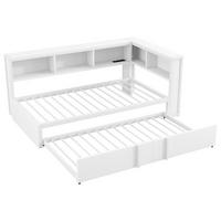 AUSZIEHBETT 90/200 cm DE-03418, mit Stauschränken, LED und USB, in Weiß - Weiß, Holzwerkstoff/Metall (90/200cm) - ComfortXL