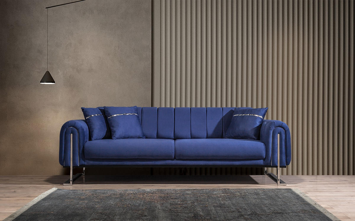 3 Sitzer SOFA Wave Samt Blau - Blau, Textil/Metall (225/78/95cm) - Villa Möbel