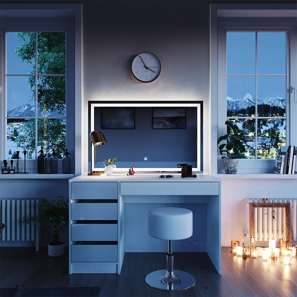 SCHMINKTISCH Sherry Weiß 120 cm mit LED-Spiegel und Hocker - Weiß, Holzwerkstoff (120/75/55cm) - Vicco