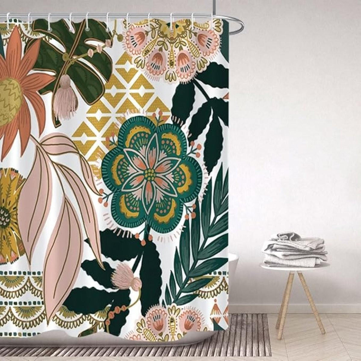 DUSCHVORHANG Bunt Bohemian Blumen Blätter Polyester 180 x 180 cm Haken - Multicolor, Textil (180/180cm) - MCBOSON