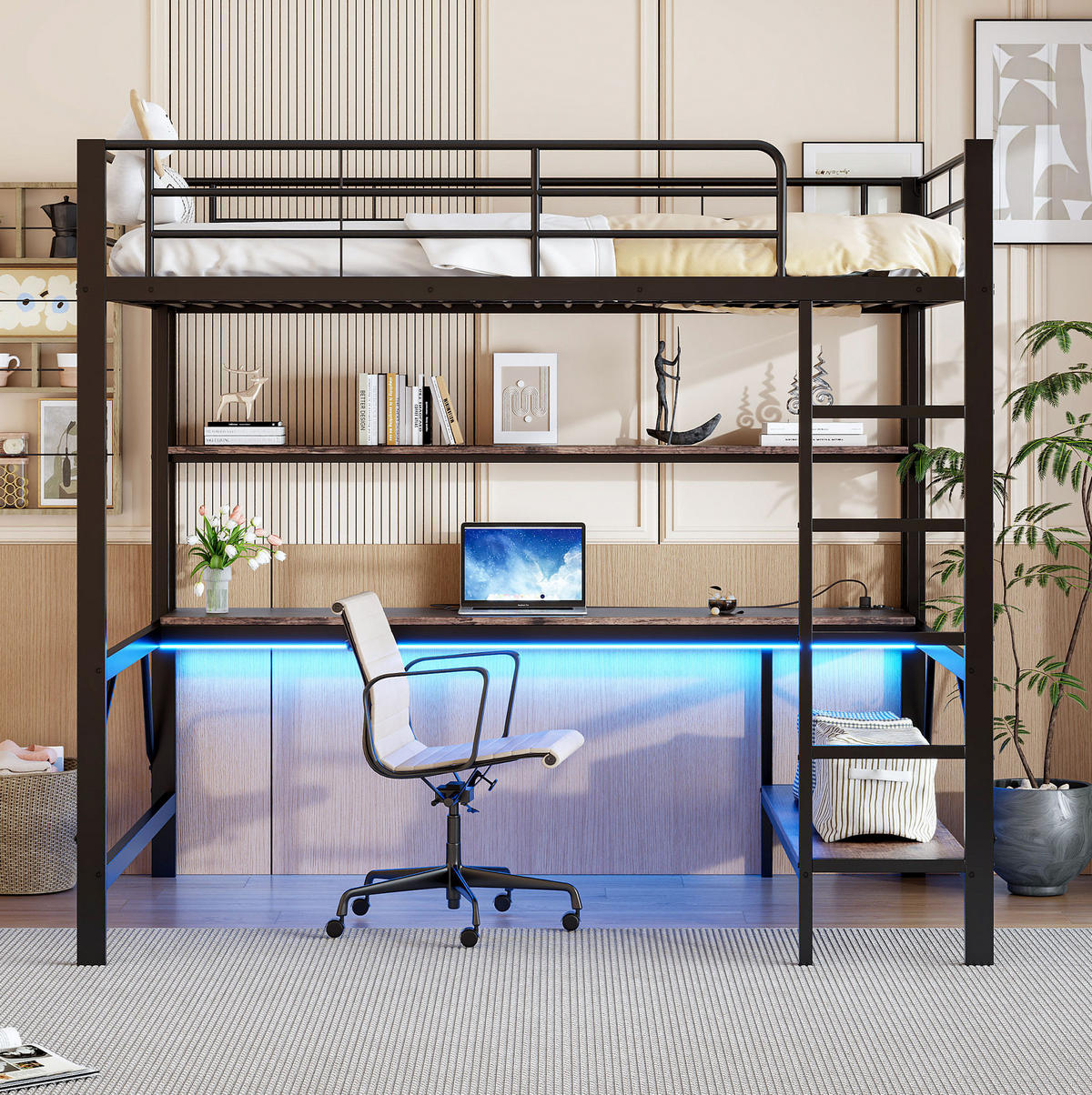 HOCHBETT 140/200 cm mit Schreibtisch, Regal, USB, Steckdose und LED-Beleuchtung, Metall, Schwarz - Schwarz, Metall (140/200cm) - Redom