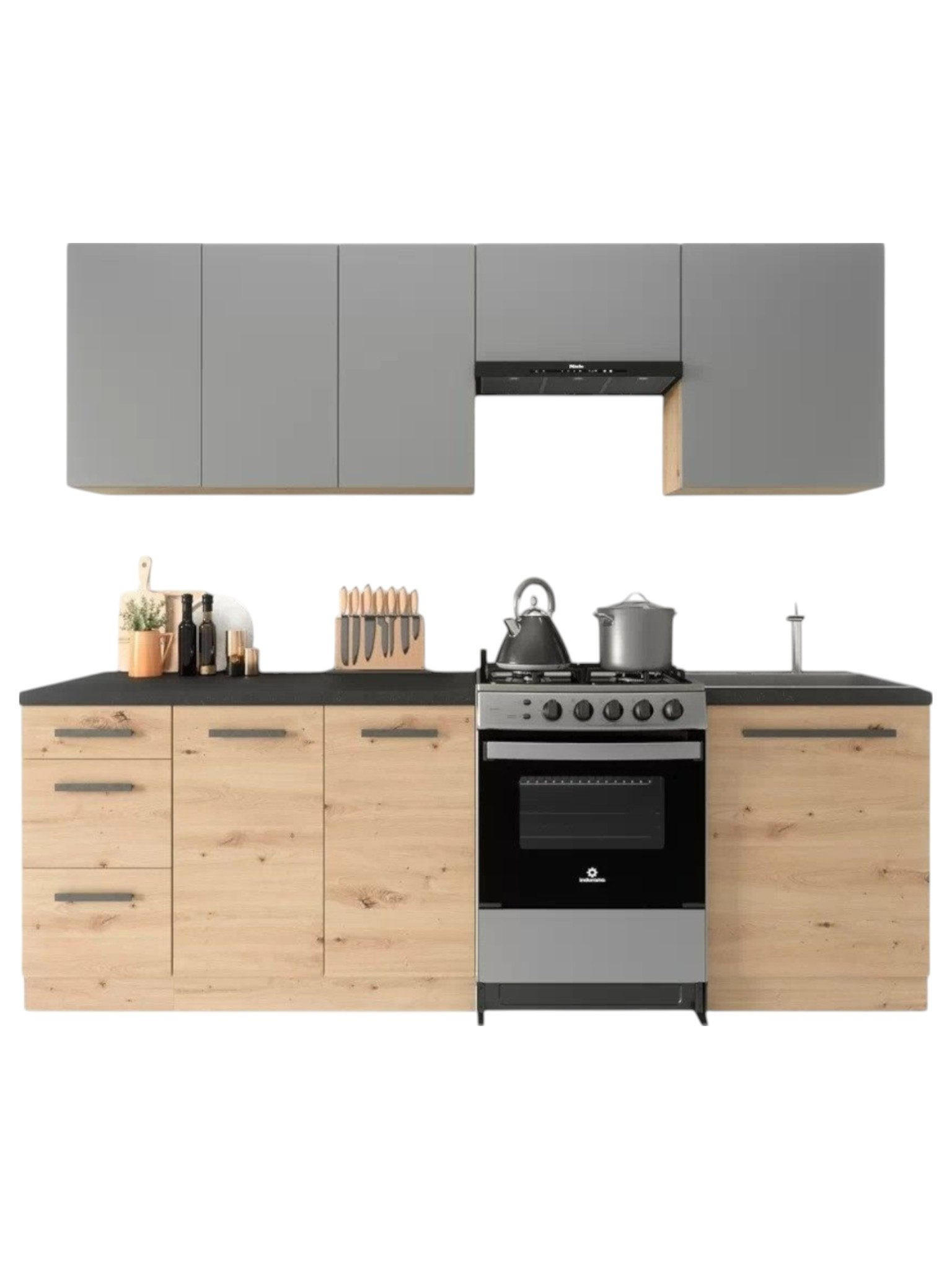 KÜCHENZEILE 240 cm – Nexa K25-G240 – in Grau / Matt - Schwarz/Grau, Holz/Metall (240/212/47cm) - ROYAL24_MARKT